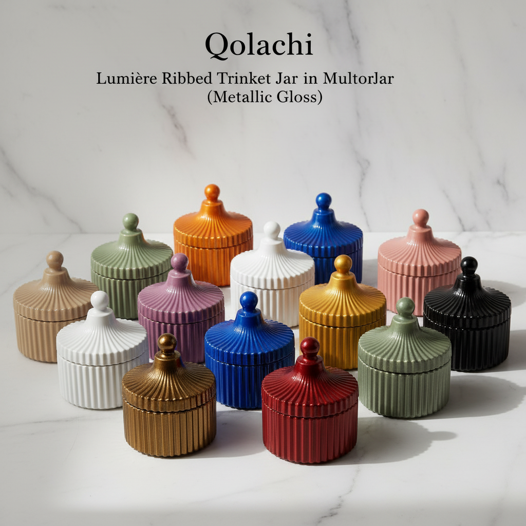 Qolachi Lumière Ribbed Ceramic Trinket Jar | Premium Metallic finish