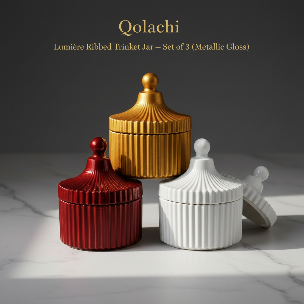 Qolachi Lumière Ribbed Ceramic Trinket Jar | Premium Metallic finish